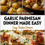Close-up of garlic parmesan chicken and skillet potatoes topped with melted cheese and herbs in a one-pan meal.
